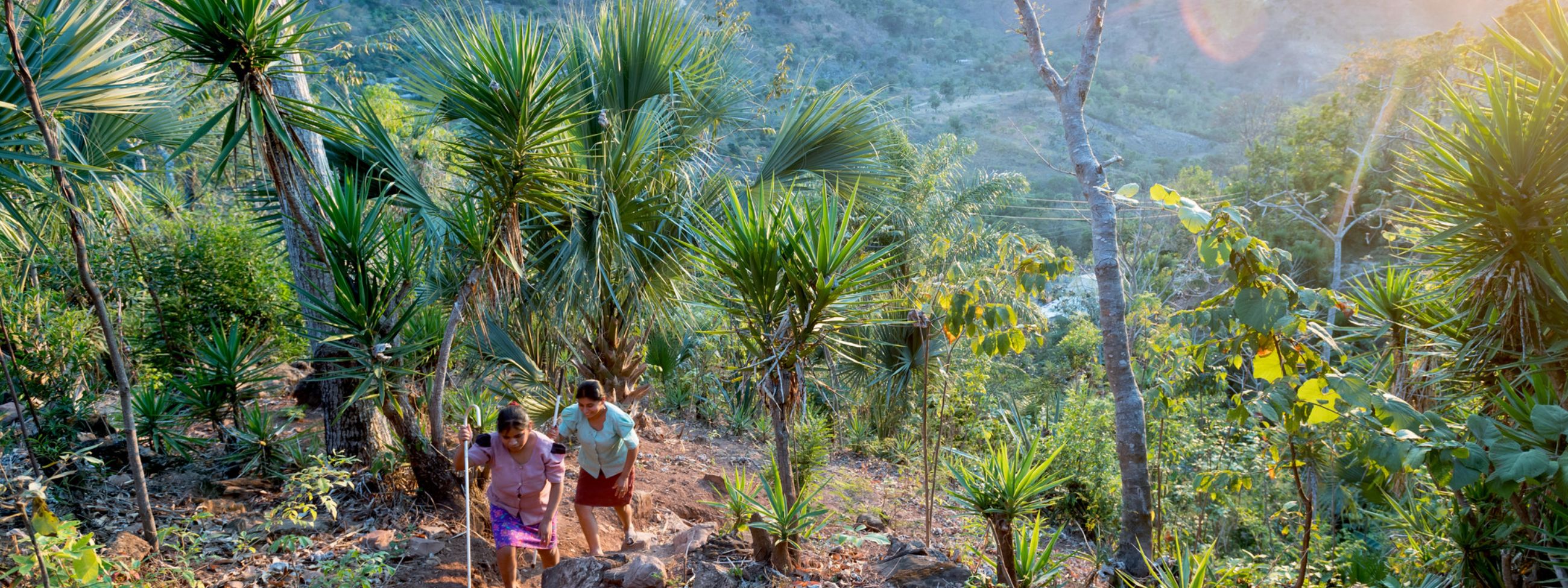 Maria Rosario and Eduarda Aldana Garcia (both are blind) walking up the way from their home to the street.