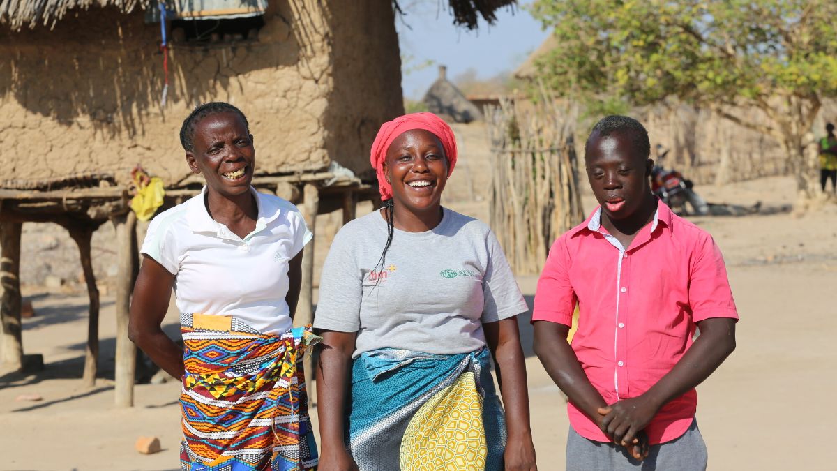 Cynthia (centre) is a community support worker with CBM’s partner ADRA in Gwembe <br/>District, Zambia. With her are Sophina (left) and Gift (right).